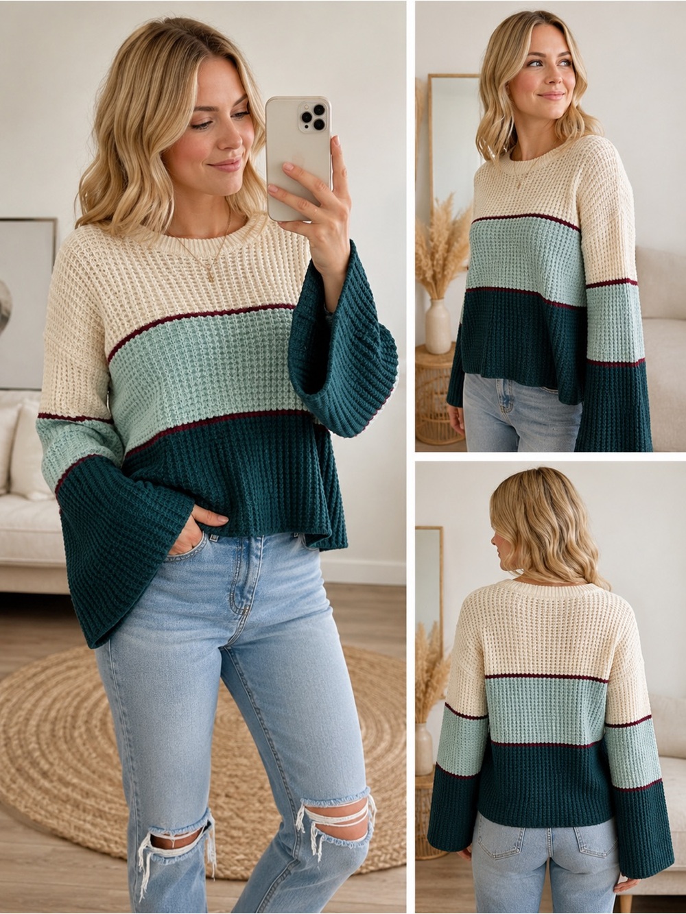 SO Colorblock Waffle Knit Sweater Bell Sleeve Cream Teal Burgundy Size M